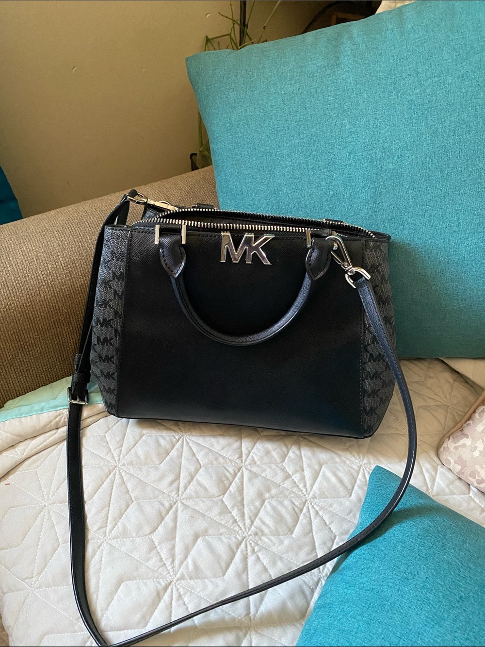 Michael Kors Black Leather Logo-Trim Satchel with Shoulder Strap